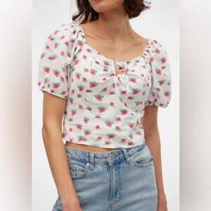 Vero Moda White with Pink Roses Smocked Blouse - M - NWOT